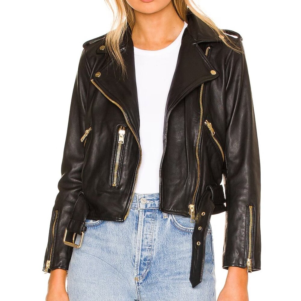 AllSaints Balfern Gold Leather Biker Jacket - US 2